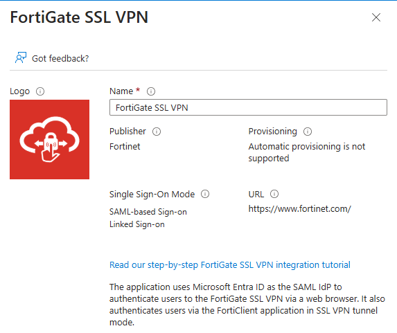 application d'entreprise Entra ID FortiGate SSL VPN